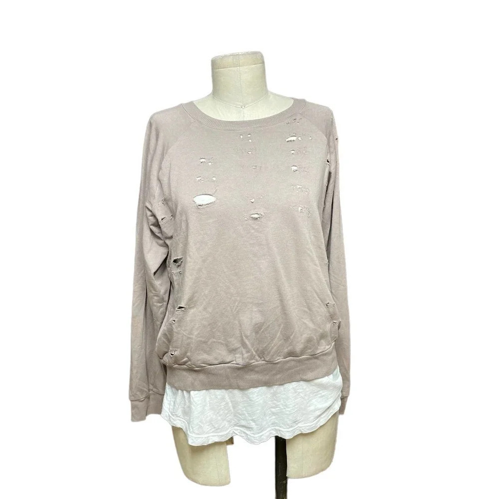 Monrow Distressed Double Layer Sweatshirt Fawn White Size Medium